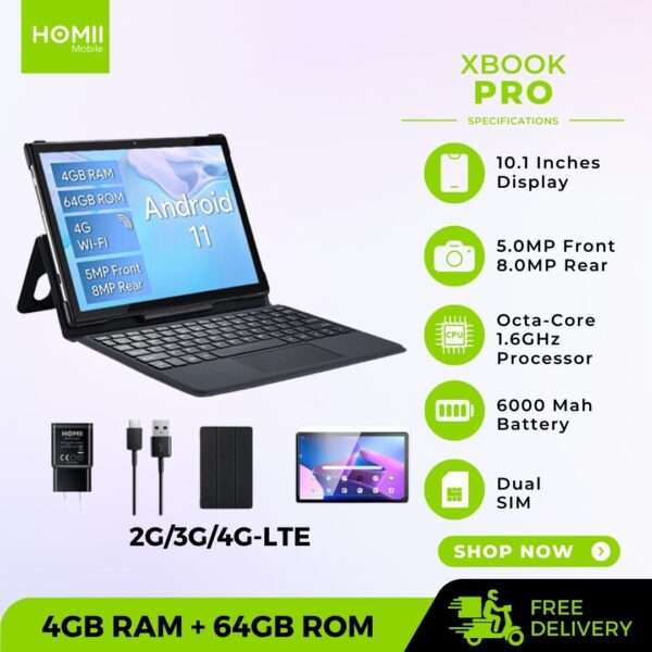 XBOOK PRO -  64GB ROM+4GB RAM - 6000mAh -FREE KEYBOARD- 2G/3G/4G-LTE - Android 11 - Grey