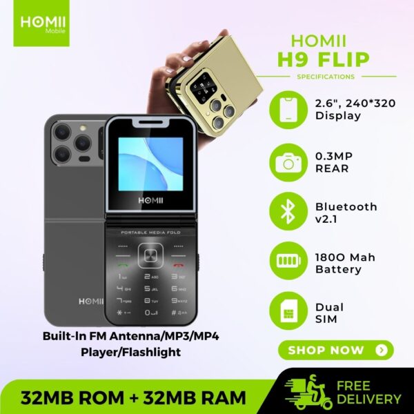 H9 FLIP Feature Phone - Dual SIM, Bluetooth, FM Radio, 1800mAh Battery