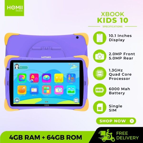 Homii Mobile Kids 10 Education Tablet in Ghana, 12 months warranty, Pre-installed Educational Apps - Montesorri, STEM, Brain Training, Apps in Ghana